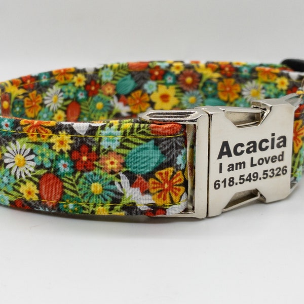 Sweet Meadow in Teal Summer Flower Garden Dog Collar - Blooming Flowers for Girl Dog - Personalization available - Metal or Plastic Buckle