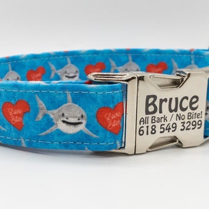 Love Bites!  Shark Bite with Hearts on Ocean Blue Background - Boy or Girl Collar - Valentine Collar - I LOVE My Fur Baby Dog Collar