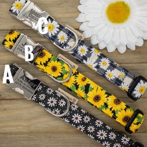 Daisy-Flower Dog Collar - Coordinating Cute Summer Flowers Dog Collars - You pick style: A)=White Flowers B)=Sunflowers C) Buffalo checks