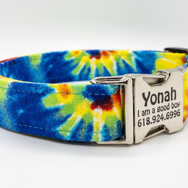 Bold Blue Multicolor Tie Dye Dog Collar - Personalization is Optional on Buckle - Made in the USA - Boho Collar