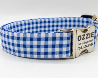 Blue and White Gingham Check Dog Collar - Sweet Summer Collar for Small Medium Large or Extra Large Dog Breeds - Personalization Available