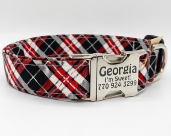 Scottish Plaid Black-Red-White Dog Collar - Scottish Style Bias Plaid Collar - Personalization Optional - Boy or Girl Collar