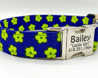 Neon Green Flowers on Royal Blue Dog  Collar - Pet Identification Optional - Made in USA - Intense Blue Collar - Cute Collar - Summer Collar