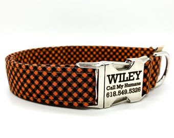 Orange-Black Plaid Dog Collar: Handmade Pet Fashion, Fall Collar