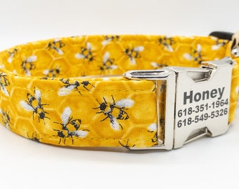 Honey Bee Dog Collar- Personalized ID Tags - Gift for Dog Moms - Save the Bees - Metal or Plastic Buckles - Ships Fast!