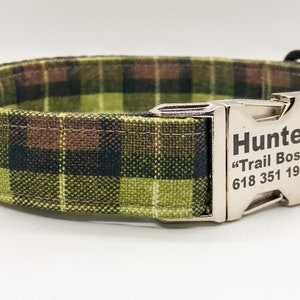 Green Lumberjack Plaid Collar - Trendy Dog Collar - Personalized Metal and Plastic Buckles - Made in the USA - Quick Shipping - Green Checks