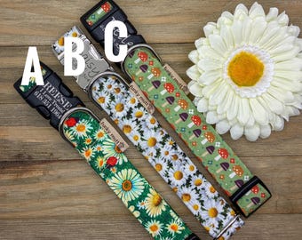 Fairy Garden Dog Collars.   A)Daisy with Lady Bug.    B) White Daisy.   C) Mushrooms