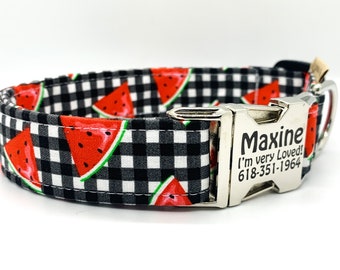 Watermelon Slices on Black-White Buffalo Plaid  Dog Collar -Summer Collar for Small Medium Large or Extra Large Dog Breeds - Personalizable