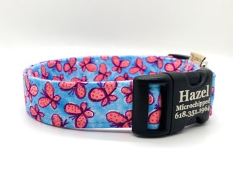 Pink Butterfly Dog Collar: Blue Summer Collar, Optional Pet ID, Bright Colors, Handmade