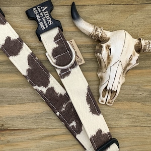 May include: A dog collar with a cow print design in brown and cream. The collar has a black buckle and a silver metal ring. The text "AMOS Lost My Human 618-924-4929" is printed on the buckle. A decorative bull skull is in the background.