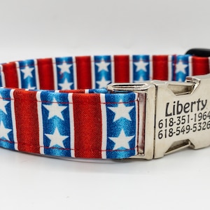 Patriotic Stars Dog Collar: Red, White, and Blue, Handmade in USA, 4th of July