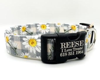Daisy Plaid Dog Collar: Gray Buffalo Plaid, Personalized Option, Fall Fashion for Pet
