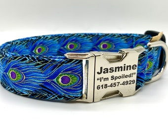 Peacock Feathers Dog  Collar - Pet Identification Optional - Made in USA - Intense Blue Dog Collar - Cute Collar - Summer Collar