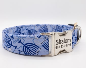 Hanukkah Dog Collar - Menorah Collar for Dogs - Menorah Chanukah Lamp on Blue Background - Festive Jewish Celebration Gift