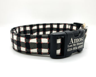 Plaid Dog Collar: Black, White & Red, Optional Personalization Classic Cotton Pet Fashion