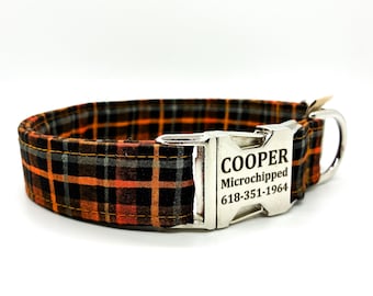 Orange Lumberjack Plaid Dog Collar: Copper Distressed Rustic Cabin Style, Fall Dog Fashion