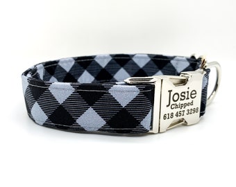 Black & Gray Plaid Dog Collar: Personalized Engraved Buckle
