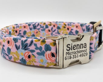 Tossed Roses - Rifle Paper Co Fabric Dog Collar on Charcoal Gray, Dusky Blue, Teal, Blush, Peach, Indigo and Gold Accents