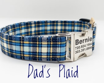 Dad's Plaid Check Dog Collar - Trendy Blue Plaid Collar for Small Medium Large or XL Dog Breeds - Personalization Available - Gift for Dad