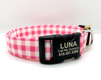 Pink Gingham Dog Collar: Trendy Plaid Collar, Handmade in USA, Pet Fashion, Mom Gift
