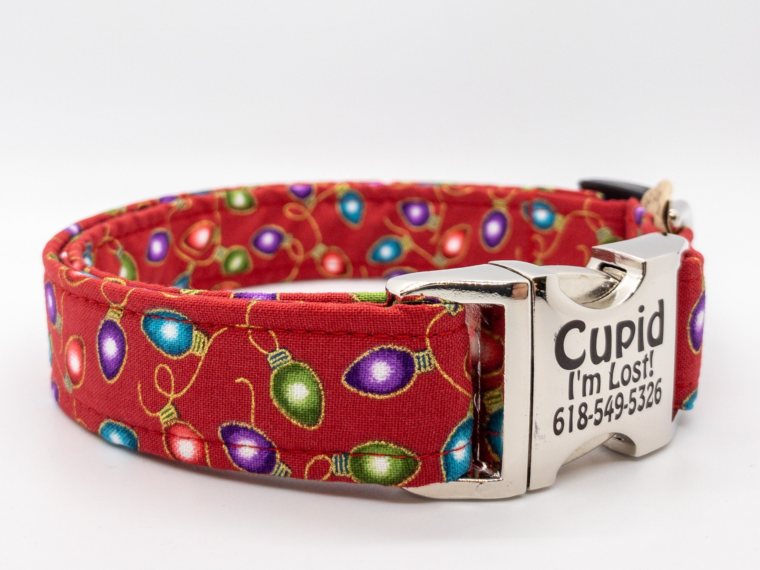 Dog Collar With Red Green Blue and Purple Christmas Lights on Gold Fixtures on a Red Background Personalization Optional Etsy Canada