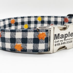 Black and White Buffalo Plaid with Leaves of Fall- Purple Gold Green Beige Copper Colors - Personalized Dog Collar- Fall Dog Collars