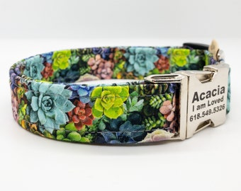 Succulent Plant Dog Collar: Botanical Garden Style, Optional Personalization, Metal or Plastic Hardware