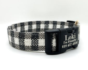 Plaid Dog Collar: Black, Gray Faux Wool, Personalized Option, Trendy Pet Fashion