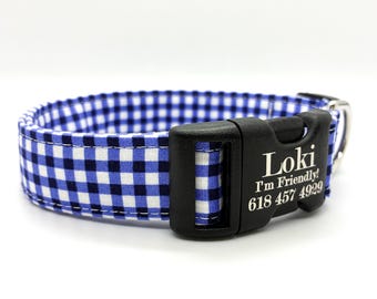 Indigo Blueberry Gingham Dog collar-Trendy 4-Legged Fashion-Blueberry Plaid-Metal or Plastic Buckle Engraving Optional