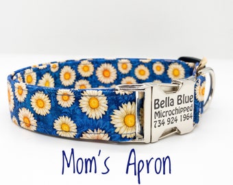 Mom's Apron Daisy Dog Collar - Trendy Blue/White Daisy Collar for Small Medium Large or XL Dog Breeds - Personalization Available - Mom Gift