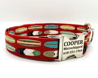 Red Longboard Dog Collar: Vintage Surfboard Style, USA Handmade