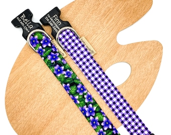 Purple Gingham or Violet Flower Dog Collar: Washable, Engravable Buckle