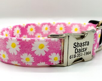 Pink White and Yellow Daisies - Dainty Girl Collar - Pet Identification Optional - Made in USA - Daisy Dog Collar - Cute Collar - Summer