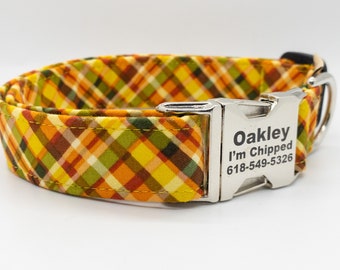Autumn Plaid Dog Collar: Personalized Metal Buckle, Fall Colors, Pet Fashions
