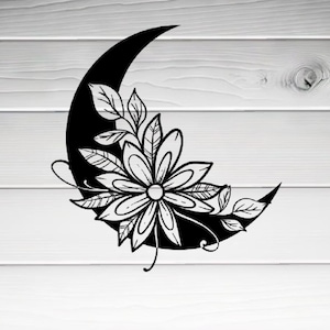 Floral Moon Vinyl Decal – Elegant Crescent Moon with Flowers for Cars, Laptops & More