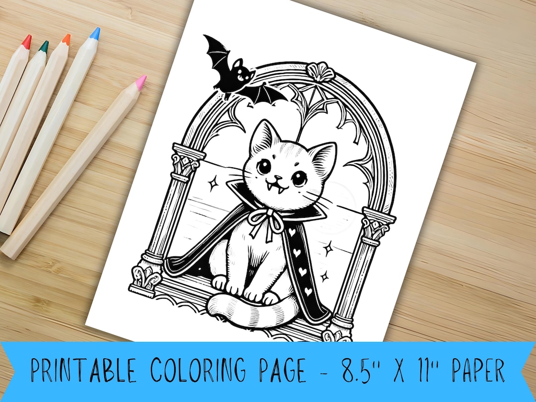 Halloween Vampire Cat Coloring Page Printable Spooky Coloring for Kids ...