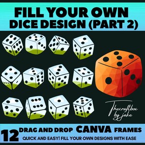Könnte beinhalten: Zwölf anpassbare Würfelrahmen für Canva. Die Rahmen sind weiß mit schwarzen Punkten und einem hellblauen Himmelhintergrund. Der Text "FILL YOUR OWN DICE DESIGN (PART 2)" befindet sich oben im Bild. Der Text "DRAG AND DROP CANVA FRAMES" befindet sich unten im Bild. Der Text "QUICK AND EASY! FILL YOUR OWN DESIGNS WITH EASE" befindet sich unter dem Text "DRAG AND DROP CANVA FRAMES". Der Text "12" ist in großer Schrift und befindet sich links neben dem Text "DRAG AND DROP CANVA FRAMES".
