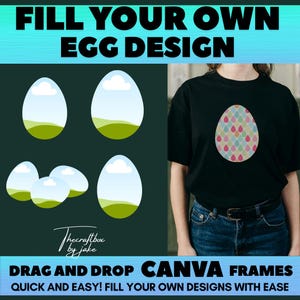 May include: A digital design template for creating custom egg designs. The image shows a variety of egg shapes with different patterns and colours, including a blue and green egg with clouds, a pink and blue egg with a floral pattern, and a white egg with a simple line design. The text "FILL YOUR OWN EGG DESIGN" is displayed at the top of the image.