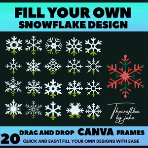 May include: 20 customizable snowflake design templates for Canva. Drag and drop frames to create your own snowflake designs. Quick and easy! Fill your own designs with ease.