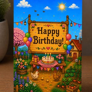 May include: A birthday card with a rural scene, featuring a sign saying "Happy Birthday!". The card shows a cake, balloons, chickens, and a small house under a blue sky. The overall theme is a cheerful celebration, with a countryside aesthetic.