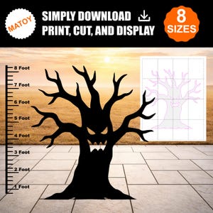 Puede incluir: Una silueta negra de un árbol espeluznante con una cara dentada, que incluye una escala de altura de 1 a 8 pies a la izquierda. El texto dice MATOY, SIMPLY DOWNLOAD, PRINT, CUT, AND DISPLAY y 8 SIZES. Un diagrama de cuadrícula muestra el diseño.