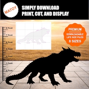 May include: A black silhouette of a creature with a long tail and sharp teeth, set against a sunset backdrop. The image includes a scale in feet, a grid outline of the creature, and text that reads "SIMPLY DOWNLOAD PRINT, CUT, AND DISPLAY" and "PREMIUM DOWNLOADABLE LIFE SIZE FILES 8 SIZES".