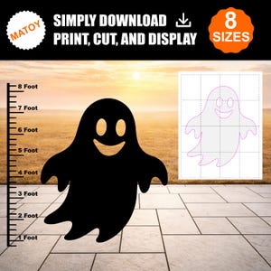 May include: A digital template for a ghost silhouette featuring a black ghost shape with cut-out eyes and a mouth. The image includes a vertical ruler marked from 1 to 8 feet, text reading SIMPLY DOWNLOAD PRINT CUT AND DISPLAY, and 8 SIZES.