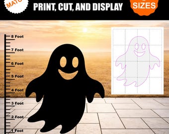 May include: A digital template for a ghost silhouette featuring a black ghost shape with cut-out eyes and a mouth. The image includes a vertical ruler marked from 1 to 8 feet, text reading SIMPLY DOWNLOAD PRINT CUT AND DISPLAY, and 8 SIZES.