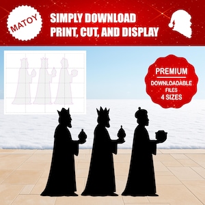Może przedstawiać: Czarne sylwetki Trzech Króli, trzymających prezenty, na tle śnieżnego krajobrazu. Obraz zawiera siatkę z konturami do wycinania i tekst „SIMPLY DOWNLOAD PRINT, CUT, AND DISPLAY”. Czerwona odznaka mówi „PREMIUM DOWNLOADABLE FILES 4 SIZES”.