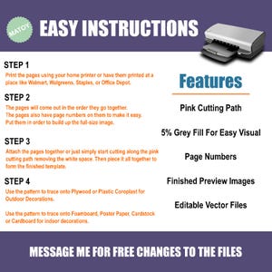 May include: Easy instructions for assembling a printable craft project. The instructions include steps for printing, cutting, and assembling the pages. The features of the project include a pink cutting path, 5% grey fill for easy visual, page numbers, finished preview images, and editable vector files. The text "MESSAGE ME FOR FREE CHANGES TO THE FILES" is also included.
