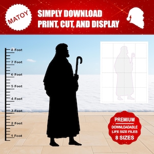 May include: A black silhouette of a man with a staff, standing on a tiled surface. The image includes a height scale in feet, ranging from 1 to 8 feet. Text at the top reads "SIMPLY DOWNLOAD PRINT, CUT, AND DISPLAY". A red badge says "PREMIUM DOWNLOADABLE LIFE SIZE FILES 8 SIZES".