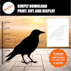 Puede incluir: Silueta negra de un cuervo con una escala de altura de 1 a 8 pies. La imagen incluye el texto "SIMPLY DOWNLOAD PRINT, CUT, AND DISPLAY" y "PREMIUM DOWNLOADABLE LIFE SIZE FILES 8 SIZES". También se muestra un contorno de cuervo.