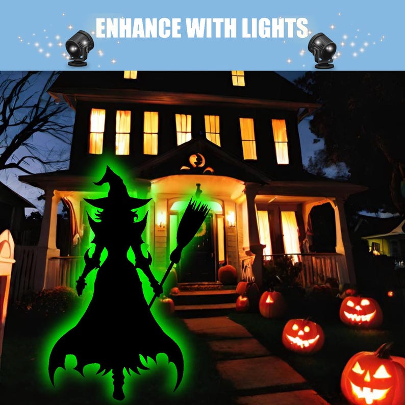 May include: A green light projection of a witch holding a broom in front of a house with pumpkins on the lawn. The text "ENHANCE WITH LIGHTS" is at the top of the image.