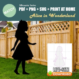 Décoration murale et de fête Alice au pays des merveilles | Silhouette imprimable taille réelle | Motif Trace & Cut pour l'art de la cour, des idées de jardin et l'affichage d'événements
